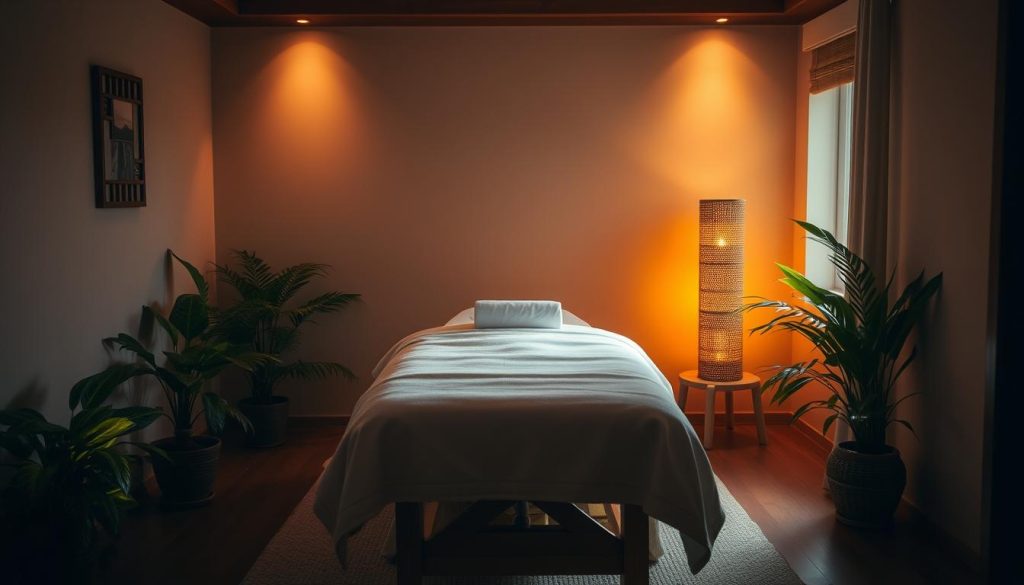 A cozy, dimly lit room with soft, warm lighting casting a soothing glow. In the center, a plush massage table is set up, adorned with crisp, white linens. Lush, verdant potted plants flank the sides, adding a touch of natural tranquility. The walls are painted in a calming, earthy tone, complemented by the subtle textures of the wooden accents. A sense of serenity and relaxation permeates the space, inviting the viewer to imagine the serene, therapeutic experience of an in-home massage. A cozy, dimly lit room with soft, warm lighting casting a soothing glow. In the center, a plush massage table is set up, adorned with crisp, white linens. Lush, verdant potted plants flank the sides, adding a touch of natural tranquility. The walls are painted in a calming, earthy tone, complemented by the subtle textures of the wooden accents. A sense of serenity and relaxation permeates the space, inviting the viewer to imagine the serene, therapeutic experience of an in-home massage.