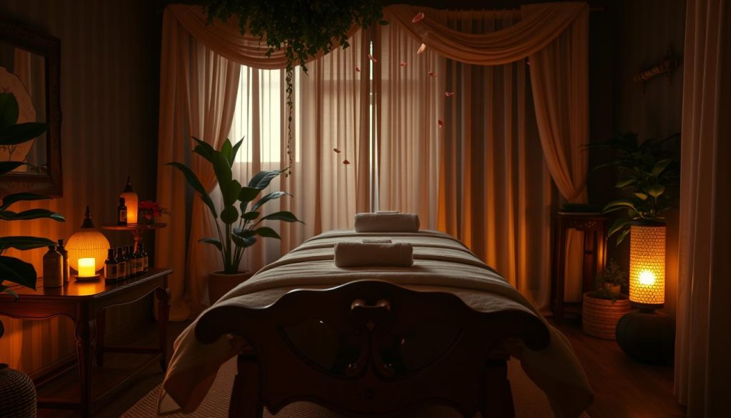 A cozy, dimly lit spa room with an ornate wooden massage table in the center. Soft ambient lighting casts a warm glow, while an array of essential oil bottles and diffusers sit on a wooden side table. Lush, green foliage and flowing draperies create a serene, nature-inspired atmosphere. The table is adorned with plush towels and pillows, inviting the viewer to experience a soothing aromatherapy massage. Delicate flower petals and steam wisps float through the air, heightening the sensory experience. The camera angle captures the scene from a low, intimate perspective, emphasizing the tranquil, rejuvenating ambiance.