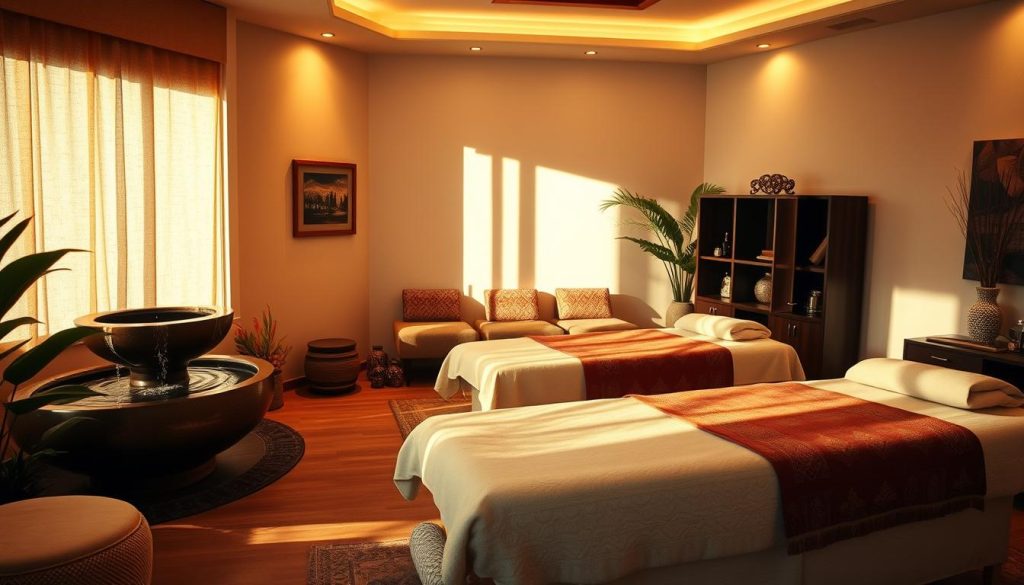 A cozy, elegant interior of an Istanbul massage salon. Soft lighting bathes the room in a warm, inviting glow, casting gentle shadows across the plush, earth-toned furnishings. A serene water feature gurgles in the corner, its calming sounds complementing the soothing aromas of essential oils. Luxurious, high-quality massage tables stand ready, surrounded by traditional Turkish textiles and decorative elements that evoke the rich cultural heritage of the city. The space exudes a sense of tranquility and rejuvenation, inviting visitors to surrender to the restorative power of skilled massage therapists.