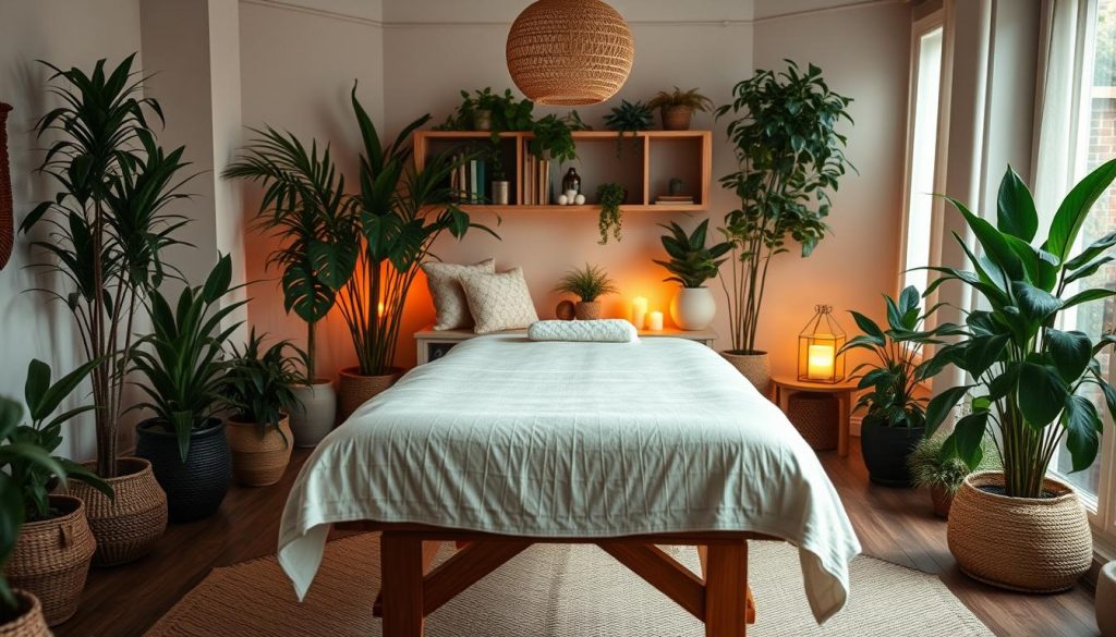 A cozy home environment with a serene atmosphere. A plush, inviting massage table sits in the center, surrounded by lush houseplants, warm lighting, and soft textures. The room exudes a sense of tranquility and relaxation, creating an ideal setting for a rejuvenating in-home massage experience. The camera captures the scene from a slightly elevated angle, showcasing the attention to detail and overall calming ambiance. Muted earth tones, natural materials, and a gentle, diffused lighting scheme contribute to the sense of comfort and therapeutic wellness. A cozy home environment with a serene atmosphere. A plush, inviting massage table sits in the center, surrounded by lush houseplants, warm lighting, and soft textures. The room exudes a sense of tranquility and relaxation, creating an ideal setting for a rejuvenating in-home massage experience. The camera captures the scene from a slightly elevated angle, showcasing the attention to detail and overall calming ambiance. Muted earth tones, natural materials, and a gentle, diffused lighting scheme contribute to the sense of comfort and therapeutic wellness.