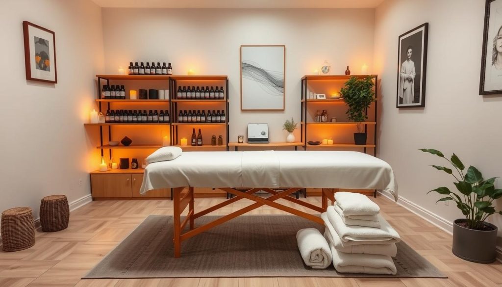 A cozy home office with a massage table in the center, surrounded by shelves of essential oils, scented candles, and soothing background music. The lighting is soft and warm, creating a tranquil atmosphere. The table is neatly made with clean linens, and a few plush towels are folded nearby, ready for use. The walls are adorned with minimalist art pieces, and a potted plant adds a touch of greenery to the space. The overall scene conveys a sense of relaxation and affordability, perfectly capturing the essence of "Evde Masaj Ekonomik Değerlendirme". A cozy home office with a massage table in the center, surrounded by shelves of essential oils, scented candles, and soothing background music. The lighting is soft and warm, creating a tranquil atmosphere. The table is neatly made with clean linens, and a few plush towels are folded nearby, ready for use. The walls are adorned with minimalist art pieces, and a potted plant adds a touch of greenery to the space. The overall scene conveys a sense of relaxation and affordability, perfectly capturing the essence of "Evde Masaj Ekonomik Değerlendirme".