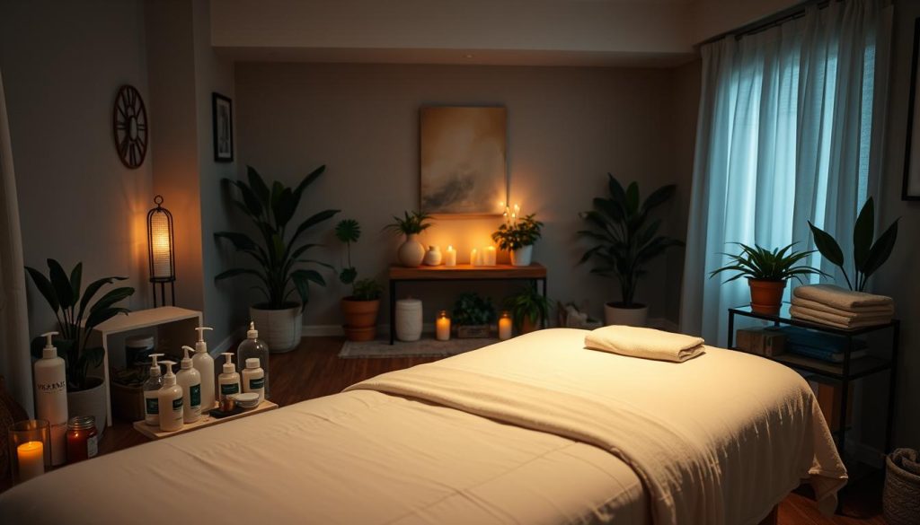 A cozy home setting, dimly lit with warm, ambient lighting, showcasing various massage equipment and accessories. In the foreground, a massage table is positioned, draped with soft, plush linens. Alongside it, an array of massage oils, lotions, and tools are neatly arranged. In the middle ground, a soothing, calming atmosphere is created with the presence of potted plants, candles, and soft, muted colors. The background features a tranquil, minimalist decor, with clean lines and neutral tones, conveying a sense of relaxation and serenity. The overall scene exudes a serene, inviting, and professional atmosphere suitable for a home-based massage service. A cozy home setting, dimly lit with warm, ambient lighting, showcasing various massage equipment and accessories. In the foreground, a massage table is positioned, draped with soft, plush linens. Alongside it, an array of massage oils, lotions, and tools are neatly arranged. In the middle ground, a soothing, calming atmosphere is created with the presence of potted plants, candles, and soft, muted colors. The background features a tranquil, minimalist decor, with clean lines and neutral tones, conveying a sense of relaxation and serenity. The overall scene exudes a serene, inviting, and professional atmosphere suitable for a home-based massage service.