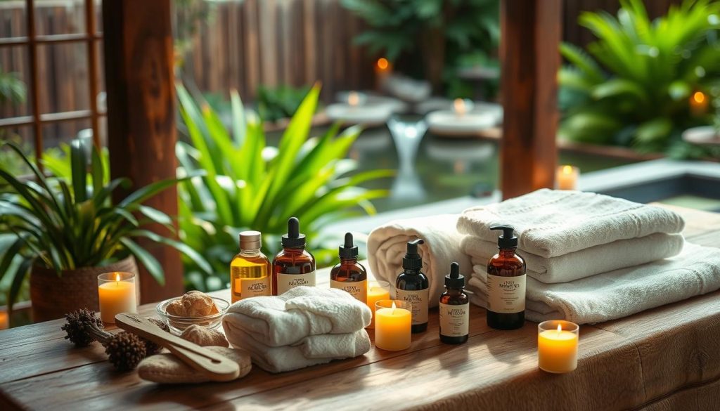 A cozy, intimate spa setting with an array of massage oils, towels, and aromatherapy candles arranged on a rustic wooden table. Soft, natural lighting bathes the scene, creating a serene and relaxing atmosphere. In the background, lush greenery and a tranquil water feature set the mood for a rejuvenating massage experience. The focus is on the different massage modalities, each represented by its characteristic tools and accoutrements, inviting the viewer to explore the nuances of Swedish, deep tissue, and aromatherapy techniques.