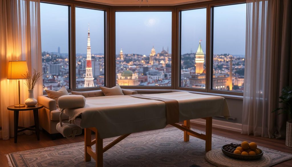 A cozy living room setting, with a massage table positioned prominently in the middle. Soft, warm lighting illuminates the scene, creating a serene and inviting atmosphere. In the background, a large window offers a glimpse of the bustling city skyline of Istanbul, hinting at the mobility and convenience of the mobile massage service. The massage table is adorned with plush linens, and an array of massage oils and tools are neatly arranged nearby, suggesting the professionalism and attention to detail of the massage therapist. The overall composition conveys a sense of tranquility and comfort, perfectly capturing the essence of an in-home massage experience in the heart of Istanbul. A cozy living room setting, with a massage table positioned prominently in the middle. Soft, warm lighting illuminates the scene, creating a serene and inviting atmosphere. In the background, a large window offers a glimpse of the bustling city skyline of Istanbul, hinting at the mobility and convenience of the mobile massage service. The massage table is adorned with plush linens, and an array of massage oils and tools are neatly arranged nearby, suggesting the professionalism and attention to detail of the massage therapist. The overall composition conveys a sense of tranquility and comfort, perfectly capturing the essence of an in-home massage experience in the heart of Istanbul.