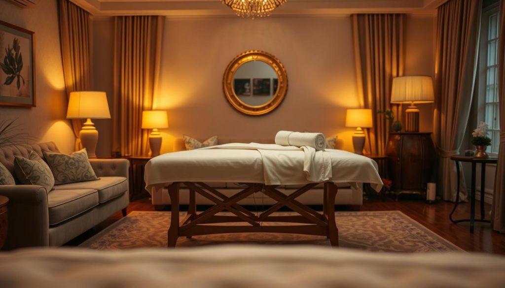 A cozy living room with a plush sofa and a low table, dimly lit by warm, golden lamps. On the table, an elegant white massage table stands ready, adorned with luxurious linens. The room's atmosphere is tranquil and inviting, with hints of incense and soothing music in the air. The camera captures the scene from a low angle, emphasizing the comfort and relaxation of the space. The overall mood is one of serene indulgence, inviting the viewer to imagine the rejuvenating experience of an in-home massage in Istanbul.