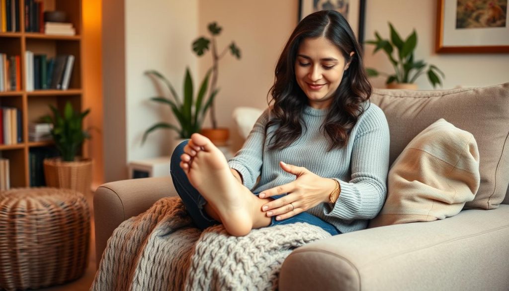 A cozy living room with warm lighting, featuring a woman comfortably seated on a plush armchair, her hands gently massaging her feet. Soft textures of a knitted blanket and plush cushions create a relaxing ambiance. The background showcases a bookshelf, potted plants, and a framed artwork, suggesting a serene, homey atmosphere. The scene conveys a sense of self-care and relaxation, inviting the viewer to imagine practicing simple, effective massage techniques in the comfort of their own home. A cozy living room with warm lighting, featuring a woman comfortably seated on a plush armchair, her hands gently massaging her feet. Soft textures of a knitted blanket and plush cushions create a relaxing ambiance. The background showcases a bookshelf, potted plants, and a framed artwork, suggesting a serene, homey atmosphere. The scene conveys a sense of self-care and relaxation, inviting the viewer to imagine practicing simple, effective massage techniques in the comfort of their own home.