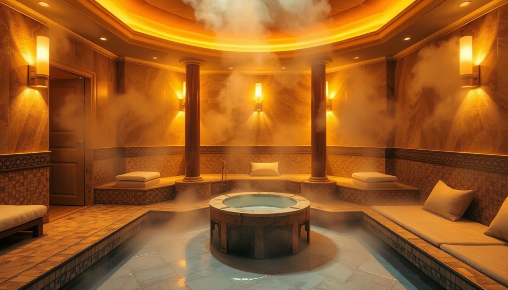 A cozy, luxurious family-sized hammam suite in Istanbul, bathed in warm, golden lighting. The spacious interior features intricately tiled walls, a central marble basin, and plush seating areas. Soft, billowing steam creates a serene, restorative atmosphere, inviting visitors to indulge in a soothing massage and rejuvenating thermal experience. The scene evokes a sense of tranquility and relaxation, capturing the essence of an authentic Istanbul hammam ritual.