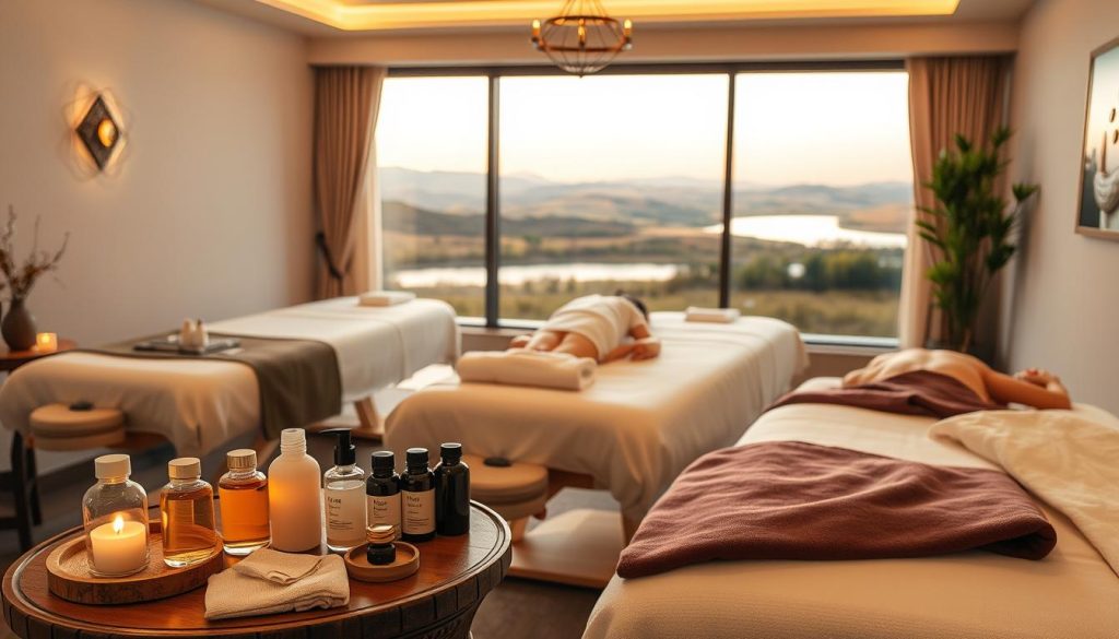 A cozy massage parlor interior with plush massage tables, soft lighting, and serene decor. The foreground features an assortment of massage tools and oils, neatly arranged on a wooden side table. In the middle ground, three different massage modalities are demonstrated - a traditional Swedish massage, a deep tissue technique, and a soothing hot stone treatment. The background depicts a calming landscape through a large window, with gentle rolling hills and a tranquil pond. The overall atmosphere is one of relaxation, wellness, and rejuvenation.