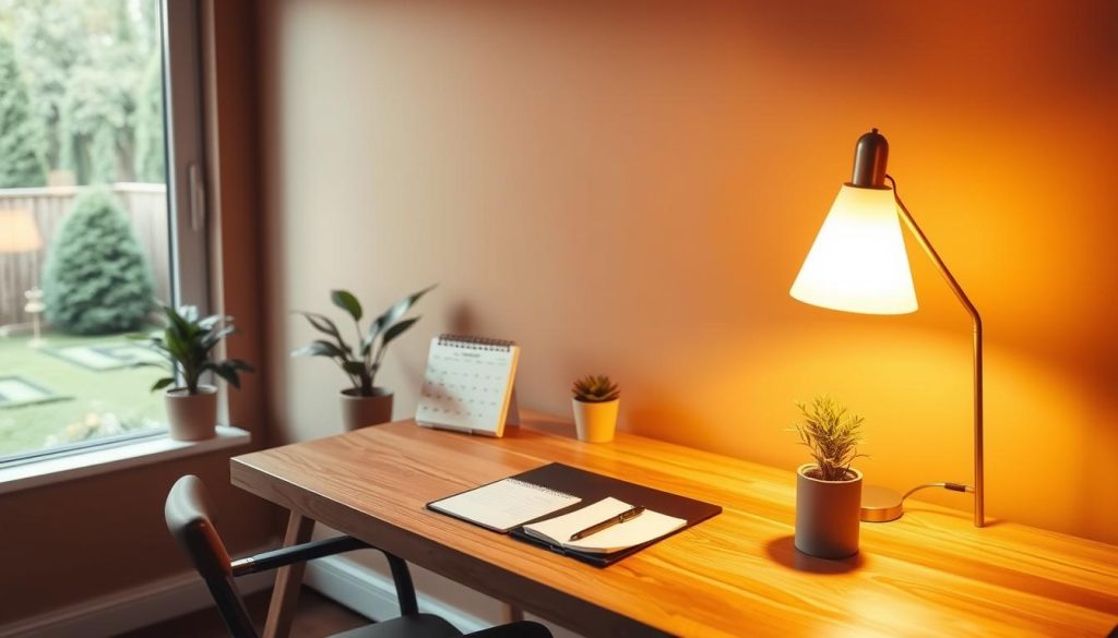 A cozy, minimalist office setting with a wooden desk, a laptop, a stylish desk lamp, and a potted plant. The desk is neatly organized, with a calendar, a pen, and a notebook. The walls are painted in a warm, earthy tone, and the lighting is soft and inviting, creating a serene atmosphere. The room is bathed in natural light, with a large window overlooking a peaceful garden. The overall mood is one of tranquility and productivity, perfect for planning a relaxing massage appointment. A cozy, minimalist office setting with a wooden desk, a laptop, a stylish desk lamp, and a potted plant. The desk is neatly organized, with a calendar, a pen, and a notebook. The walls are painted in a warm, earthy tone, and the lighting is soft and inviting, creating a serene atmosphere. The room is bathed in natural light, with a large window overlooking a peaceful garden. The overall mood is one of tranquility and productivity, perfect for planning a relaxing massage appointment.