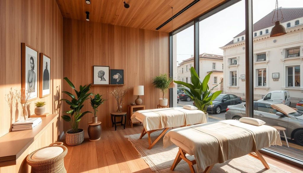 A cozy, modern boutique massage studio nestled in the vibrant heart of Istanbul. The sun-drenched space features warm, natural wood accents, plush textiles, and soft, ambient lighting, creating a serene, inviting atmosphere. Elegant potted plants and artful decor add elegant, refined touches. The studio's sleek, minimalist design blends seamlessly with the historic architecture of the surrounding neighborhood. Clients can be seen through the large display windows, enjoying personalized, high-quality massage treatments in private, intimate treatment rooms.