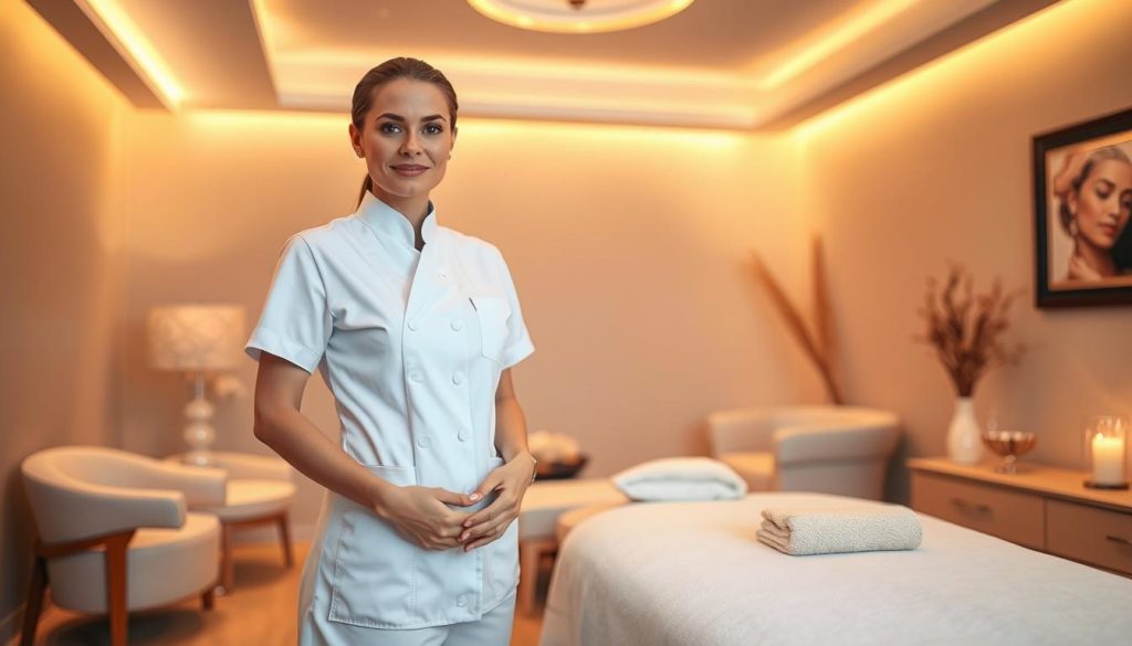 A cozy, well-lit massage parlor with plush, inviting decor. A professional masseuse in a crisp white uniform stands ready, her skilled hands poised to provide a soothing, therapeutic experience. Soft, indirect lighting casts a warm glow, creating a serene, relaxing atmosphere. The room features modern, minimalist furniture and elegant, natural accents, conveying a sense of tranquility and wellness. The masseuse's expression is calm and reassuring, inviting the viewer to imagine the restorative power of her touch. The scene evokes a high-end, spa-like setting where one can escape the stresses of daily life. A cozy, well-lit massage parlor with plush, inviting decor. A professional masseuse in a crisp white uniform stands ready, her skilled hands poised to provide a soothing, therapeutic experience. Soft, indirect lighting casts a warm glow, creating a serene, relaxing atmosphere. The room features modern, minimalist furniture and elegant, natural accents, conveying a sense of tranquility and wellness. The masseuse's expression is calm and reassuring, inviting the viewer to imagine the restorative power of her touch. The scene evokes a high-end, spa-like setting where one can escape the stresses of daily life.