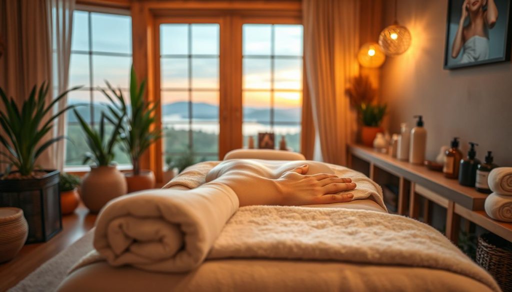 A cozy, well-lit massage therapy room with soothing warm-toned lighting. Plush, soft towels and linens cover a massage table, inviting the viewer to relax and unwind. The room has a natural, earthy aesthetic with wooden accents and potted plants, creating a serene and calming atmosphere. The foreground features a close-up of a masseuse's hands gently kneading and manipulating the muscles of a client's back, highlighting the therapeutic benefits of massage. The middle ground showcases various massage oils, lotions, and tools neatly arranged, conveying the professional nature of the service. The background portrays a tranquil landscape through a large window, adding to the sense of peace and relaxation.
