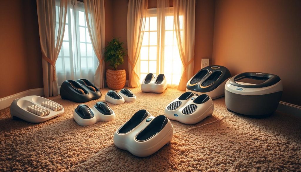 A cozy, well-lit room with a plush, shag-carpeted floor. A variety of foot massage devices sit neatly arranged, including kneading rollers, vibrating pads, and heated foot spas. The warm, golden lighting creates a soothing, spa-like atmosphere, inviting the viewer to imagine the relaxing experience of treating their tired feet. The devices are positioned in a way that showcases their design and functionality, highlighting the various features and benefits they offer for a comfortable, rejuvenating foot massage.