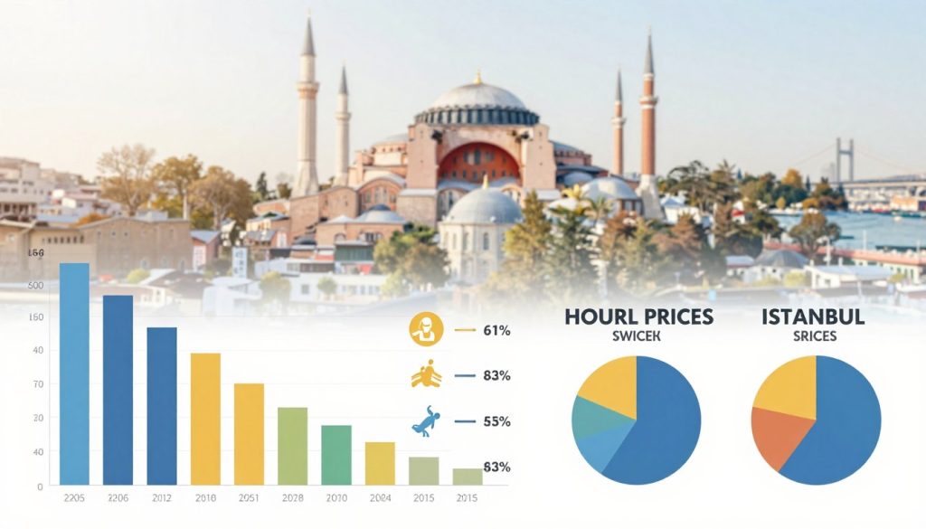 A detailed and informative infographic-style image illustrating a comparison of hourly massage prices in different districts of Istanbul. The foreground features stylized bar graphs and pie charts representing various pricing tiers, each with distinct colors for clarity. The middle section includes subtle icons of popular massage techniques, such as Thai and Swedish, symbolizing the different services available. The background showcases a faint outline of Istanbul's skyline, with notable landmarks like the Hagia Sophia and the Bosphorus Bridge, softly blurred to keep focus on the data. The lighting is bright yet soft, giving the image a welcoming and professional feel, suitable for an informative article. The overall atmosphere conveys clarity, organization, and an educational tone without any human figures or text.