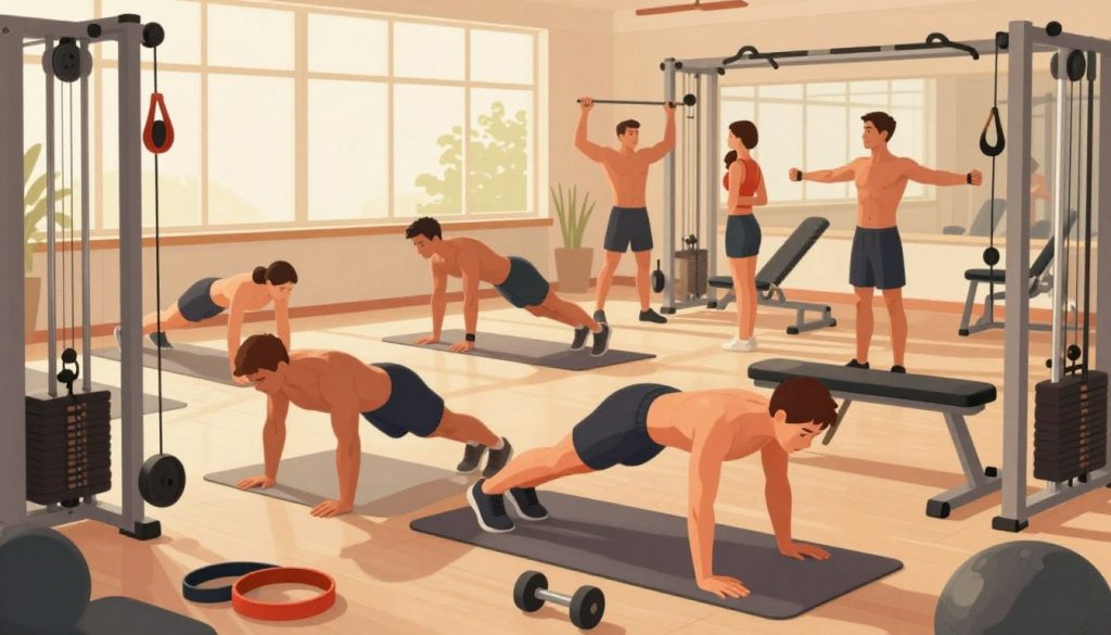 A detailed illustration depicting a variety of effective chest exercises, emphasizing the importance of fitness and health. In the foreground, a well-organized gym setting showcases a variety of exercise equipment such as resistance bands, dumbbells, and yoga mats. In the middle ground, various exercise routines are being demonstrated, including push-ups, chest presses, and stretching techniques, all set against a backdrop of a serene indoor space with large windows allowing natural light to flood in. The lighting is warm and inviting, creating a motivating atmosphere. The colors are soft and balanced, highlighting the dedication to wellness and fitness. The overall mood is focused and inspiring, encouraging a healthy lifestyle through exercise, nutrition, and positive living habits.
