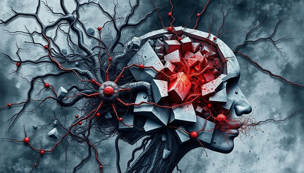 A detailed view of the intricate relationship between stress and chronic pain, showcasing their intertwined physiological and psychological effects. A complex web of neural pathways, hormonal imbalances, and emotional turmoil is depicted in a surreal, abstract composition. Shades of gray, blue, and red convey the intensity and gravity of this biopsychosocial interaction, while the fragmented, distorted forms suggest the disruptive nature of this cycle. Intricate lines and textures create a sense of tension and unease, mirroring the debilitating experience of those suffering from chronic pain exacerbated by stress. The image aims to capture the essence of this challenging, multifaceted relationship in a visually captivating and thought-provoking manner.