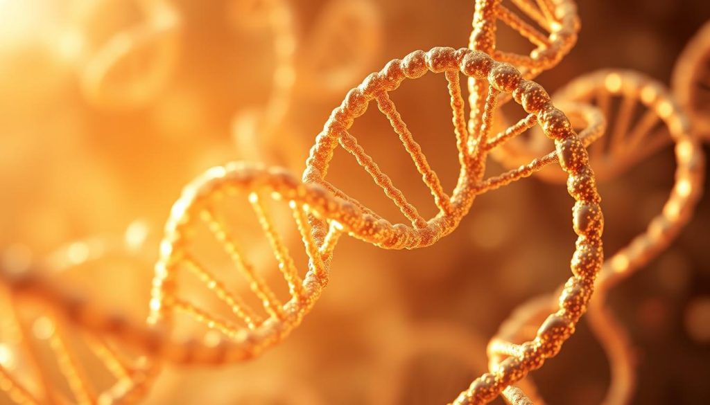 A digital illustration of the intricate structure of human DNA, represented as a highly detailed and abstract genetic code, cast in a soft, warm lighting. The code appears to be dynamically intertwined, with strands of genetic information flowing and converging, creating a visually captivating and thought-provoking composition. The overall tone is one of scientific wonder and the profound impact of genetics on our wellbeing, subtly hinting at the personalization of wellness programs through the application of AI and microbiome analysis.