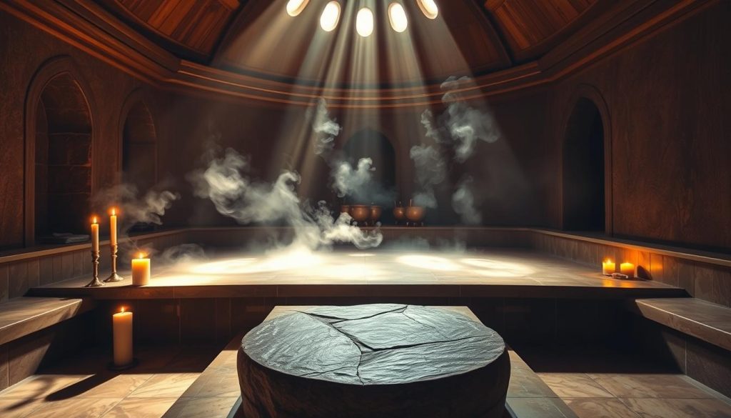 A dim-lit, cozy Turkish hamam (bathhouse) with warm, earthy tones. Sunlight filters through the domed ceiling, casting a soft glow across the marbled floors and walls. In the foreground, a large, heated stone platform stands, inviting visitors to lie down and experience the therapeutic steam and heat. Scented candles flicker, setting a tranquil, soothing atmosphere. The middle ground showcases traditional copper bowls and jugs, used for the washing rituals. In the background, the steam gently billows, creating a serene, misty ambiance. The lighting is natural, with subtle shadows that add depth and dimension to the scene. This hamam environment exudes a sense of relaxation, restoration, and overall well-being.