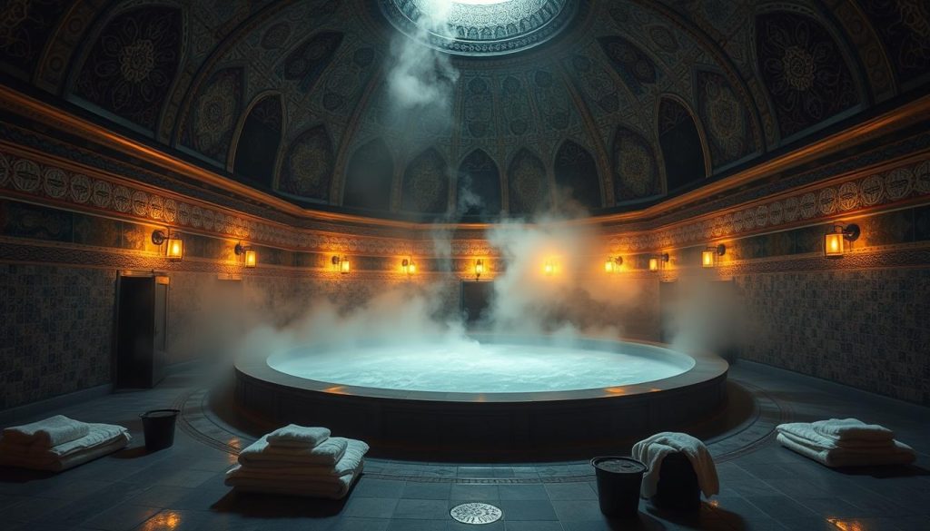 A dimly lit, cavernous chamber with domed ceilings and ornate tilework in shades of blue, green, and ochre. Steam rises from a central pool of steaming water, creating an atmosphere of tranquility and rejuvenation. Plush towels and buckets of water await, inviting guests to immerse themselves in the traditional Turkish bathing ritual. The space is illuminated by warm, diffused lighting, casting a golden glow and highlighting the intricate architectural details. A sense of timelessness pervades, transporting the viewer to a bygone era of relaxation and purification.