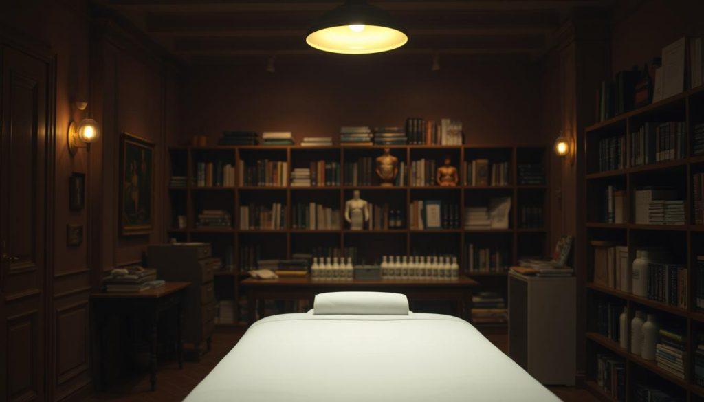 A dimly lit classroom in a historic building, warm lighting casting gentle shadows. In the foreground, a massage table stands ready, neatly draped with crisp white linens. In the middle ground, an array of massage oils and lotions, their labels barely visible. The background reveals shelves laden with reference books and anatomical models, hinting at the educational nature of the space. The atmosphere is one of quiet focus and professional dedication, reflecting the training required to become a skilled masseuse in the vibrant city of Istanbul.