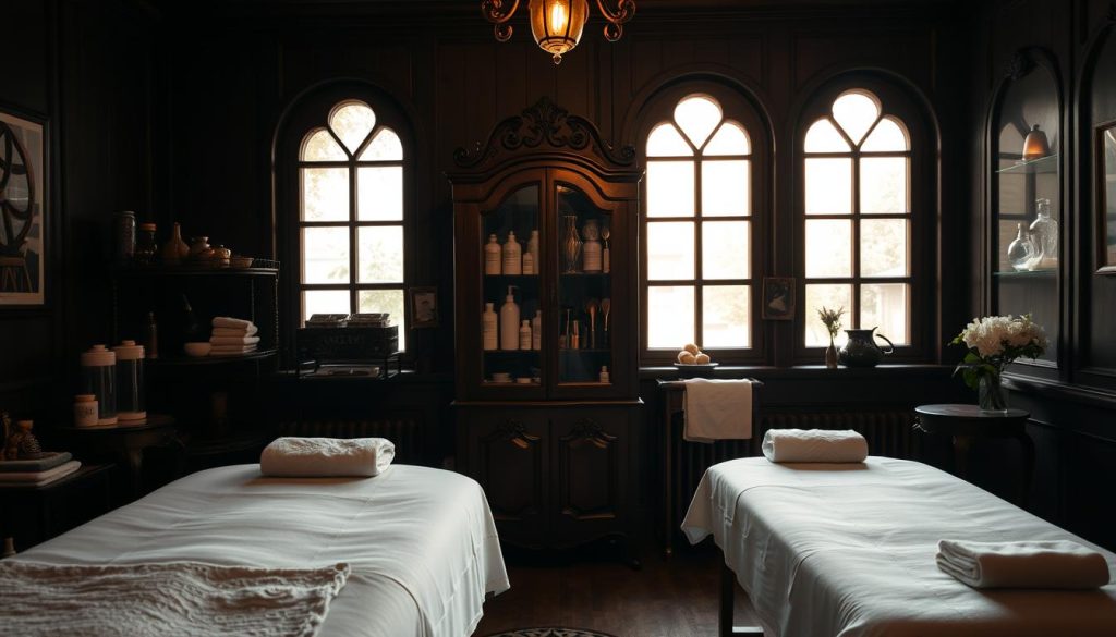A dimly lit, cozy interior of a traditional European massage studio. In the foreground, a wooden massage table is adorned with plush linens and neatly arranged massage oils and lotions. The middle ground features an ornate, antique cabinet displaying an array of massage tools and accessories. The background showcases elegant, arched windows that filter in soft, warm lighting, creating a serene and tranquil atmosphere. The overall scene evokes a sense of relaxation and rejuvenation, perfectly capturing the essence of the "Avrupa Masajı İstanbul: Uygulama Detayları" section.