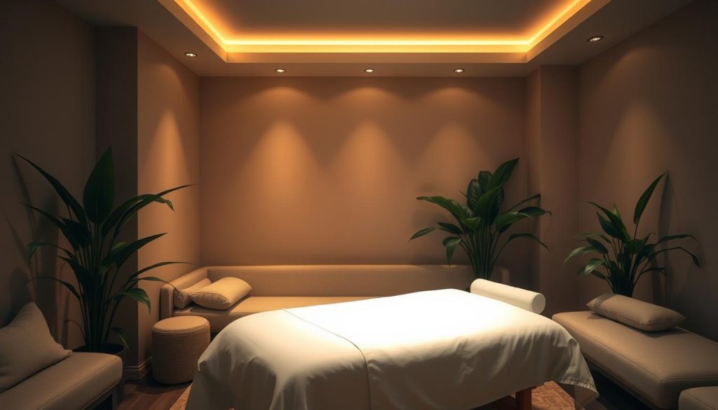 A dimly lit, cozy massage room with warm, ambient lighting. The space exudes a tranquil, spa-like atmosphere, with soft, neutral-toned walls and plush, inviting furnishings. A massage table sits in the center, draped with crisp, white linens. Lush, verdant plants in the corners add a touch of natural serenity. Gentle shadows and highlights create a sense of depth and dimension, drawing the viewer's eye into the serene, restorative environment. The overall impression is one of urban sanctuary, a haven of peace and relaxation amid the bustling energy of the city.