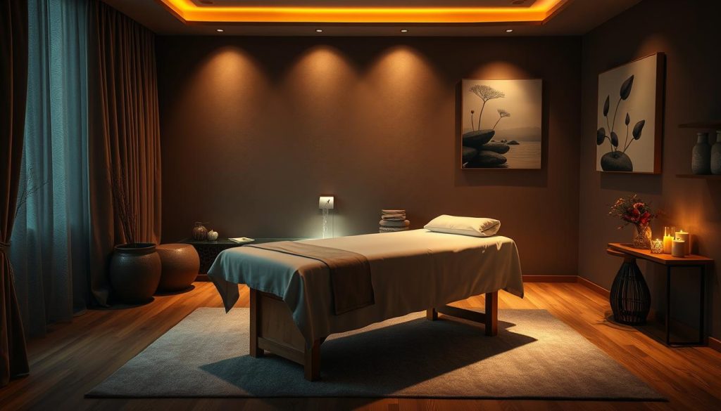 A dimly lit, cozy massage studio in Istanbul's Bayrampaşa district. Plush textiles, warm lighting, and the soothing scent of essential oils create a tranquil atmosphere. In the foreground, a single, high-quality massage table stands invitingly, its crisp linens and soft pillows beckoning for relaxation. Ambient music plays softly in the background, accompanied by the gentle sounds of a water feature. The walls are adorned with serene, nature-inspired artwork, conveying a sense of calm and rejuvenation. Soft shadows dance across the scene, creating a sense of depth and intimacy. The overall impression is one of personalized, high-end service, catering to the unique needs of each individual client.