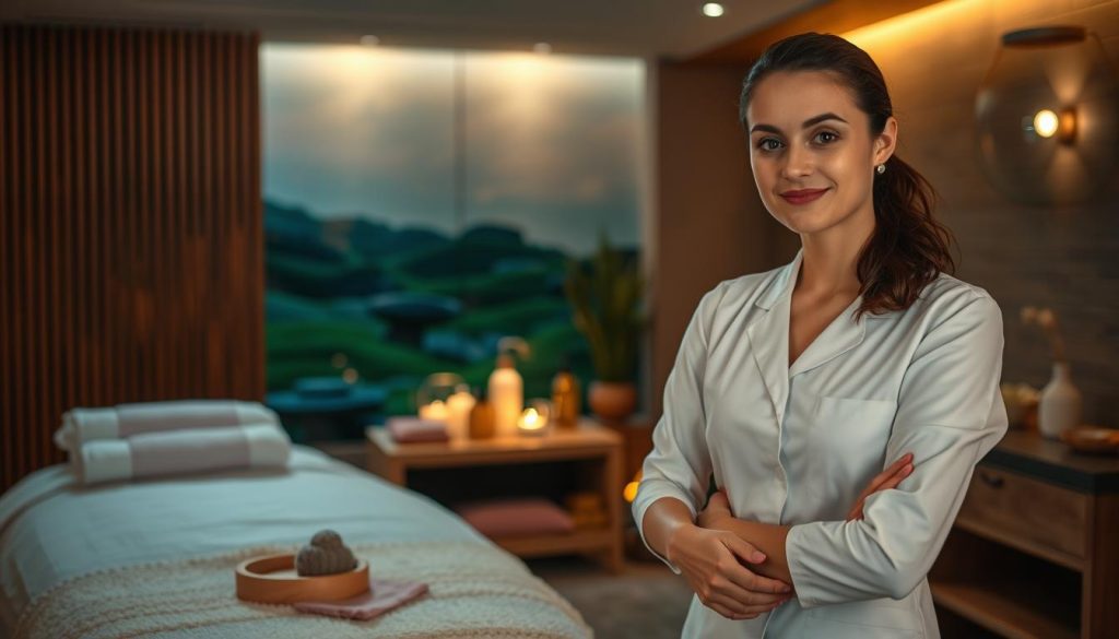 A dimly lit, cozy massage studio with natural wood accents and soft, ambient lighting. In the foreground, a professional masseuse stands poised, hands ready to deliver a soothing, therapeutic massage. Her attire is clean, crisp, and exudes an aura of expertise. The middle ground showcases various massage tools and oils, hinting at the breadth of the therapist's specialized training. In the background, a serene, zen-inspired landscape sets the tone for a tranquil, rejuvenating experience. The overall atmosphere conveys a sense of trust, relaxation, and the importance of certified, skilled masseuses.
