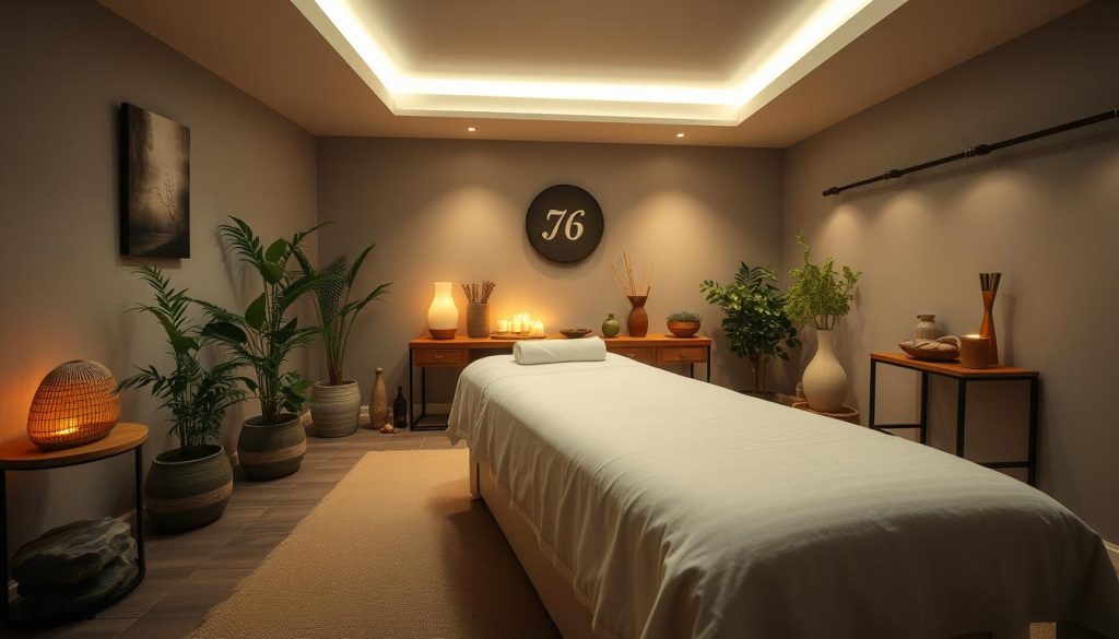 A dimly lit, cozy massage studio with soft, ambient lighting and soothing music playing in the background. The space features a comfortable massage table draped in crisp, white linens, surrounded by an array of natural elements like potted plants, smooth river rocks, and fragrant essential oil diffusers. The room has a serene, spa-like atmosphere, with muted tones of beige, sage, and soft blue creating a calming, therapeutic ambiance. The camera angle captures a wide, detailed view of the massage environment, inviting the viewer to imagine themselves relaxing and unwinding during a tranquil massage session. A dimly lit, cozy massage studio with soft, ambient lighting and soothing music playing in the background. The space features a comfortable massage table draped in crisp, white linens, surrounded by an array of natural elements like potted plants, smooth river rocks, and fragrant essential oil diffusers. The room has a serene, spa-like atmosphere, with muted tones of beige, sage, and soft blue creating a calming, therapeutic ambiance. The camera angle captures a wide, detailed view of the massage environment, inviting the viewer to imagine themselves relaxing and unwinding during a tranquil massage session.