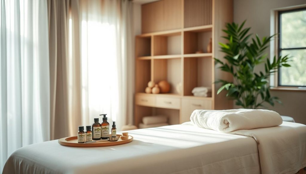 A dimly lit, cozy massage studio with soft natural lighting filtering through sheer curtains. In the foreground, a massage table draped in crisp, white linens, with an array of essential oils, massage tools, and a plush, oversized towel neatly arranged nearby. The middle ground features a serene, minimalist decor with clean lines, natural wood accents, and a calming color palette of earthy tones. In the background, a lush, green potted plant adds a touch of life and tranquility to the tranquil setting. The overall mood is one of relaxation, personalized care, and a tailored healing experience.