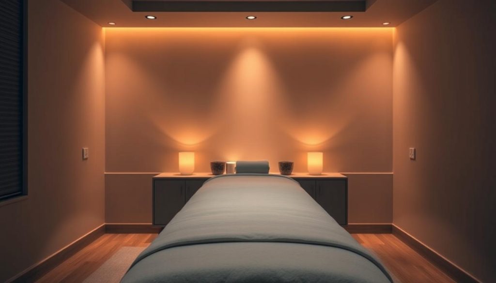 A dimly lit, cozy massage therapy room with soft, warm lighting. The focal point is a massage table draped in plush, inviting linens. Gentle, diffused light emanates from overhead fixtures, casting a calming, therapeutic glow throughout the space. Subtle, natural textures such as smooth wood and stone accents create a tranquil, spa-like ambiance. The room is devoid of any human presence, allowing the viewer to envision the personalized, holistic experience of a customized massage therapy session.