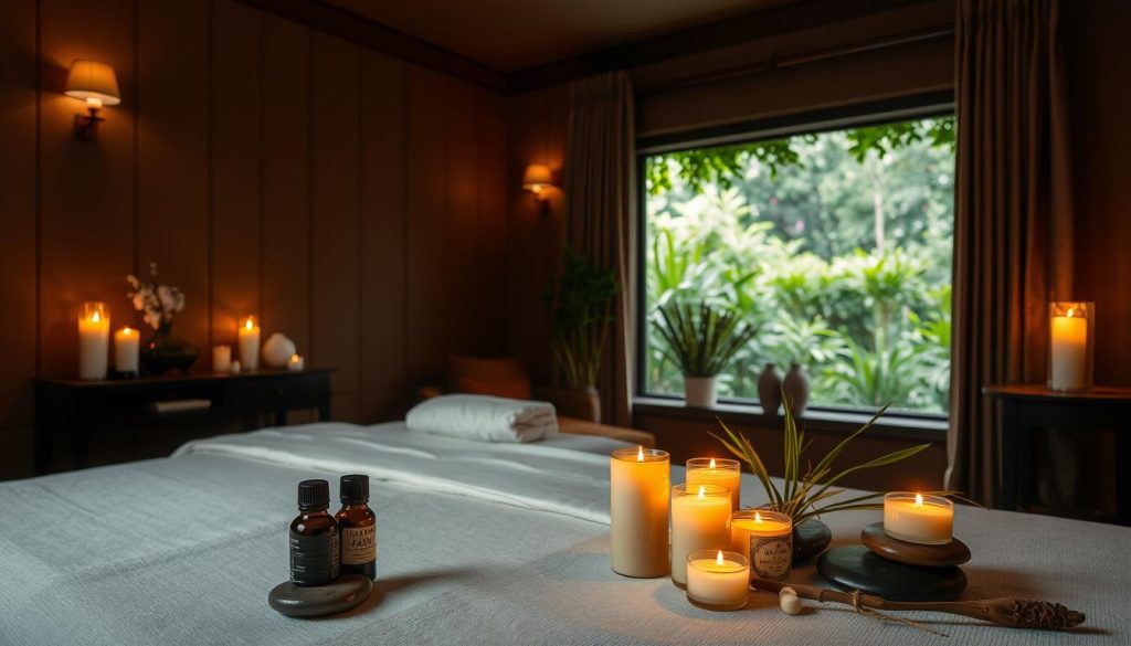 A dimly lit, cozy private room with plush, warm-toned furnishings and flickering candlelight. Soft, gentle lighting bathes the space in a soothing, tranquil ambiance. A luxurious massage table sits prominently, adorned with high-quality linens. In the foreground, an assortment of aromatherapy oils, candles, and natural elements such as river stones and bamboo creates a sensory-rich, serene atmosphere. The middle ground features a window overlooking a lush, verdant garden, providing a calming, natural backdrop. The overall scene evokes a sense of escape, relaxation, and an unforgettable, personalized massage experience.