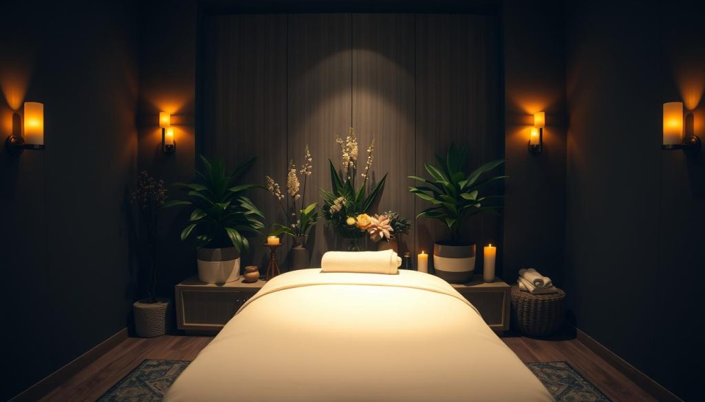 A dimly lit, elegant massage studio in Maltepe, with soft, diffused lighting from sconces and candles casting a warm, soothing glow. The foreground features a well-appointed massage table draped in crisp, white linens, surrounded by an array of professional massage oils and tools. In the middle ground, lush, verdant potted plants and delicate floral arrangements add a touch of natural beauty, while the background showcases the studio's serene, zen-inspired decor, with smooth, natural wood accents and tranquil, muted colors. An atmosphere of relaxation and rejuvenation permeates the scene, inviting the viewer to imagine the expert, tailored massage techniques practiced within.