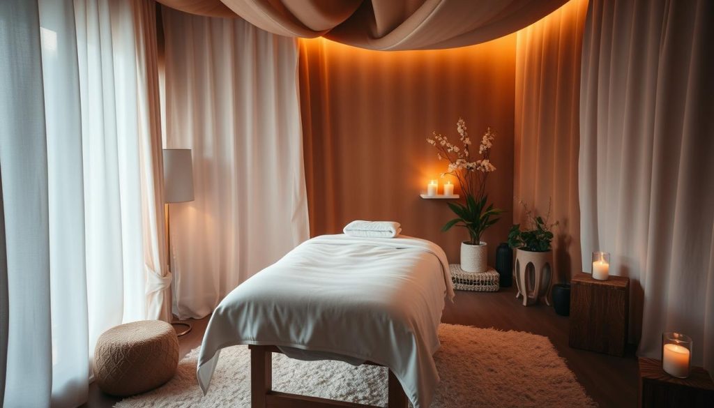 A dimly lit, luxurious spa room with plush, warm-toned textiles and soft, natural lighting. A massage table takes center stage, adorned with crisp, white linens. Soothing aromas of essential oils fill the air, creating a tranquil, restorative atmosphere. Delicate, flickering candles cast a gentle glow, while potted plants and natural elements add a serene, organic touch. The scene exudes an inviting, personalized ambiance, tailored to deliver a tailored, rejuvenating massage experience. A dimly lit, luxurious spa room with plush, warm-toned textiles and soft, natural lighting. A massage table takes center stage, adorned with crisp, white linens. Soothing aromas of essential oils fill the air, creating a tranquil, restorative atmosphere. Delicate, flickering candles cast a gentle glow, while potted plants and natural elements add a serene, organic touch. The scene exudes an inviting, personalized ambiance, tailored to deliver a tailored, rejuvenating massage experience.