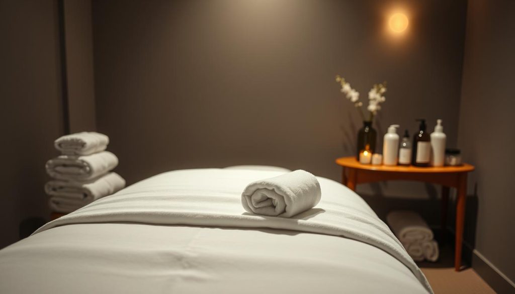 A dimly lit massage room with pristine white towels neatly folded, high-quality massage oils and lotions on a sleek wooden side table, and a plush massage table with crisp, clean linens. The scene exudes an atmosphere of relaxation and meticulous attention to hygiene, conveying the importance of maintaining the highest standards of cleanliness in a professional massage setting. Soft, diffused lighting casts a warm, soothing glow, while the composition emphasizes the centrality of the massage table and the carefully curated accoutrements that ensure a safe, sanitary experience for both the therapist and the client.