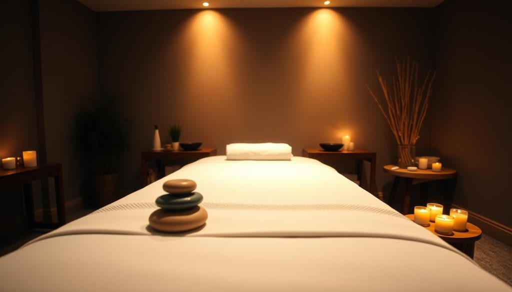 A dimly lit massage therapy room, soft ambient lighting casting a warm glow. A plush massage table in the center, freshly draped with crisp white linens. On a side table, an array of essential oils and massage tools - smooth river stones, bamboo sticks, and fragrant candles. The atmosphere is one of tranquility and relaxation, inviting the viewer to imagine the soothing, therapeutic experience about to unfold. The camera angle is slightly elevated, capturing the entire scene in a serene, calming composition.