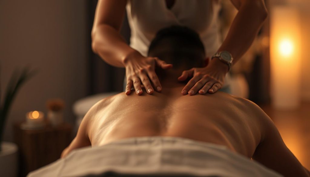 A dimly lit room, soft ambient lighting casts a warm glow over the scene. In the foreground, a massage therapist's hands gently yet firmly work into the muscles of a client's back, applying deep, focused pressure. The client's face is obscured, their body relaxed and surrendered to the massage. The therapist's movements are deliberate, their technique honed through years of experience. In the background, a plush massage table and soothing decor create a tranquil, serene atmosphere. The overall mood is one of comfort, relaxation, and rejuvenation. A dimly lit room, soft ambient lighting casts a warm glow over the scene. In the foreground, a massage therapist's hands gently yet firmly work into the muscles of a client's back, applying deep, focused pressure. The client's face is obscured, their body relaxed and surrendered to the massage. The therapist's movements are deliberate, their technique honed through years of experience. In the background, a plush massage table and soothing decor create a tranquil, serene atmosphere. The overall mood is one of comfort, relaxation, and rejuvenation.