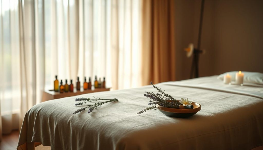 A dimly lit room, soft natural light filtering through sheer curtains, creating a warm, soothing ambiance. The scene depicts an aromatherapy massage, with an exquisitely detailed massage table draped in luxurious fabrics. Scattered around the table are various essential oil bottles, candles, and a bowl of fragrant flowers, such as lavender and jasmine, conveying a sense of tranquility and relaxation. The massage table is positioned in the foreground, with a blurred, serene background of neutral tones, allowing the focus to remain on the massage experience. The overall mood is one of serenity, rejuvenation, and a deep sense of well-being. A dimly lit room, soft natural light filtering through sheer curtains, creating a warm, soothing ambiance. The scene depicts an aromatherapy massage, with an exquisitely detailed massage table draped in luxurious fabrics. Scattered around the table are various essential oil bottles, candles, and a bowl of fragrant flowers, such as lavender and jasmine, conveying a sense of tranquility and relaxation. The massage table is positioned in the foreground, with a blurred, serene background of neutral tones, allowing the focus to remain on the massage experience. The overall mood is one of serenity, rejuvenation, and a deep sense of well-being.