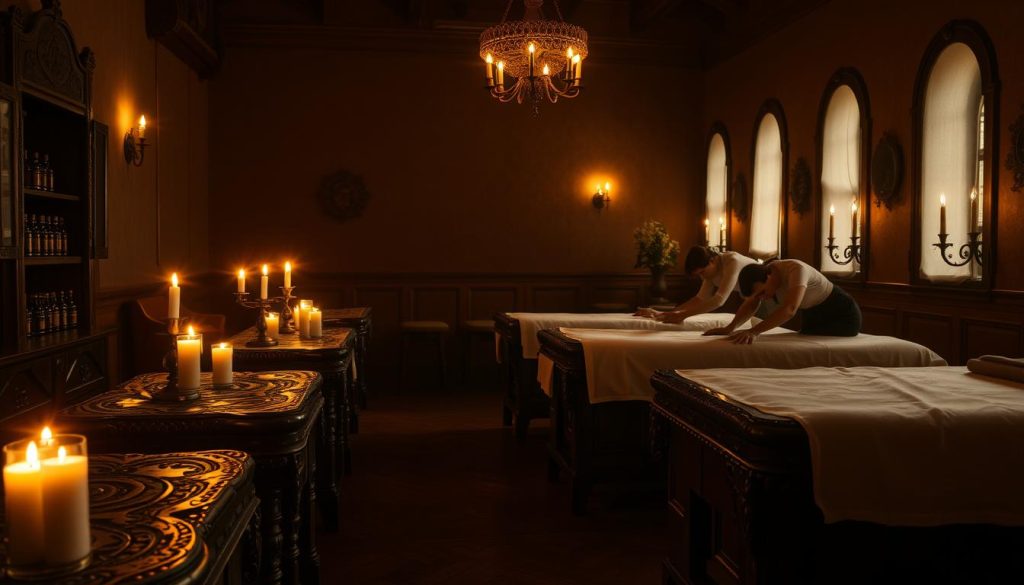 A dimly lit room, the air heavy with the scent of ancient oils and exotic spices. Ornate wooden tables stand in a row, their surfaces carved with intricate patterns. Flickering candles cast a warm glow, illuminating the hands of the masseuse as they glide over the client's body, employing techniques passed down through generations. The atmosphere is one of timeless tranquility, a sanctuary where the stresses of the modern world fade away, replaced by a sense of timeless connection to the rich heritage of Istanbul's massage traditions. A dimly lit room, the air heavy with the scent of ancient oils and exotic spices. Ornate wooden tables stand in a row, their surfaces carved with intricate patterns. Flickering candles cast a warm glow, illuminating the hands of the masseuse as they glide over the client's body, employing techniques passed down through generations. The atmosphere is one of timeless tranquility, a sanctuary where the stresses of the modern world fade away, replaced by a sense of timeless connection to the rich heritage of Istanbul's massage traditions.