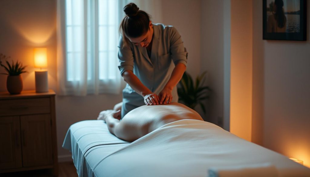 A dimly lit room with a calming atmosphere, where a professional massage therapist guides a patient through a session focused on the neck, shoulders, and waist. Diffused lighting casts a warm glow, highlighting the therapist's skilled hands as they expertly manipulate the client's muscles, promoting relaxation and healing. The massage table is positioned in the center, its crisp, white linens inviting the patient to surrender to the therapeutic experience. Subtle textures, such as the grain of the wooden furniture and the soft fabric of the therapist's uniform, add depth and realism to the scene. The overall mood is one of tranquility and wellness, reflecting the expertise and care provided by the skilled fizyoterapist. A dimly lit room with a calming atmosphere, where a professional massage therapist guides a patient through a session focused on the neck, shoulders, and waist. Diffused lighting casts a warm glow, highlighting the therapist's skilled hands as they expertly manipulate the client's muscles, promoting relaxation and healing. The massage table is positioned in the center, its crisp, white linens inviting the patient to surrender to the therapeutic experience. Subtle textures, such as the grain of the wooden furniture and the soft fabric of the therapist's uniform, add depth and realism to the scene. The overall mood is one of tranquility and wellness, reflecting the expertise and care provided by the skilled fizyoterapist.