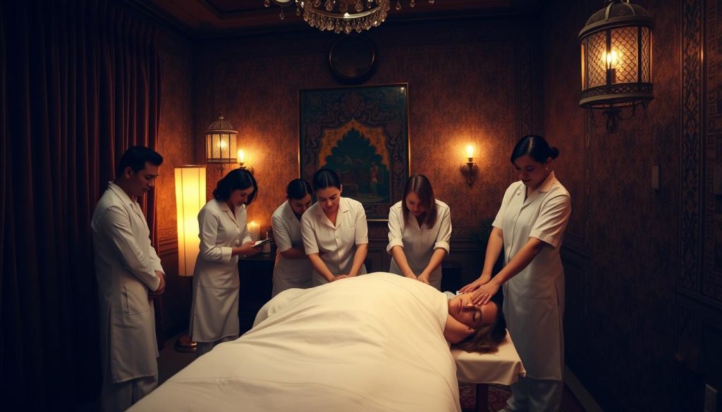 A dimly lit room with elegant Turkish decor, featuring plush velvet curtains, intricate tapestries, and ornate lamps casting a warm glow. In the center, a group of experienced massage therapists, dressed in crisp white uniforms, demonstrate various therapeutic techniques on a massage table, their skilled hands working to alleviate muscle tension and promote relaxation. The scene exudes an atmosphere of professionalism and expertise, reflecting the high-quality medical massage services available in Istanbul.