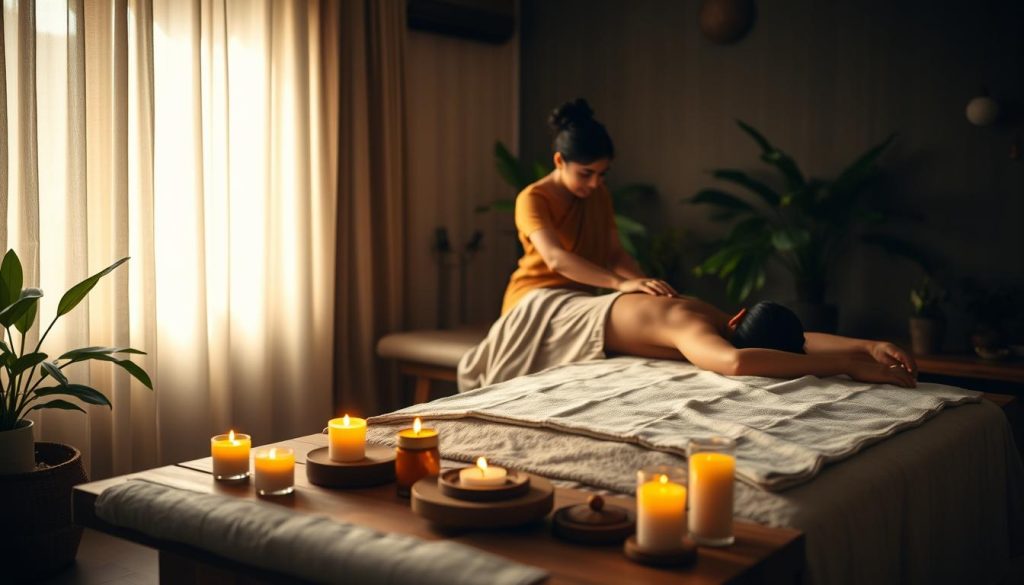 A dimly lit room with natural lighting filtering through sheer curtains, showcasing a serene Ayurvedic massage session. In the foreground, a wooden massage table is adorned with plush linens and an array of aromatic oils. Candles flicker, casting a warm, calming glow. In the middle ground, a skilled massage therapist, dressed in traditional Indian attire, gently kneads the back of a relaxed client, their expressions exuding tranquility. The background features lush, verdant plants and subtle Indian-inspired decor, conveying a sense of holistic wellness and rejuvenation. A dimly lit room with natural lighting filtering through sheer curtains, showcasing a serene Ayurvedic massage session. In the foreground, a wooden massage table is adorned with plush linens and an array of aromatic oils. Candles flicker, casting a warm, calming glow. In the middle ground, a skilled massage therapist, dressed in traditional Indian attire, gently kneads the back of a relaxed client, their expressions exuding tranquility. The background features lush, verdant plants and subtle Indian-inspired decor, conveying a sense of holistic wellness and rejuvenation.