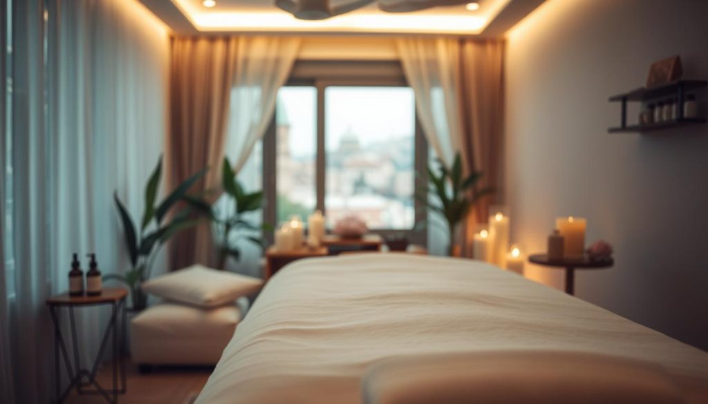 A dimly lit room with plush, soothing textures, soft lighting, and a serene atmosphere. In the foreground, a massage table draped in crisp, white linens, surrounded by therapeutic oils, candles, and calming plants. In the middle ground, a peaceful and tranquil scene, with hints of Istanbul's Anatolian architecture visible through a window. The background is blurred, creating a sense of privacy and relaxation. The overall mood is one of serenity, comfort, and a restorative experience.
