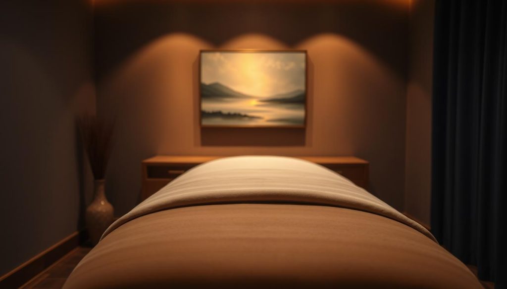 A dimly lit room, with warm lighting highlighting the intricate details of a massage table. The table is made of rich, polished wood, its surface gently curved to provide optimal comfort. Soft, plush linens in soothing hues cover the table, inviting the viewer to imagine the tranquil experience of a therapeutic massage. In the background, a calming, abstract landscape painting hangs on the wall, adding to the serene atmosphere. The scene conveys a sense of relaxation and rejuvenation, hinting at the restorative power of the various massage techniques that can be experienced in this Istanbul setting.