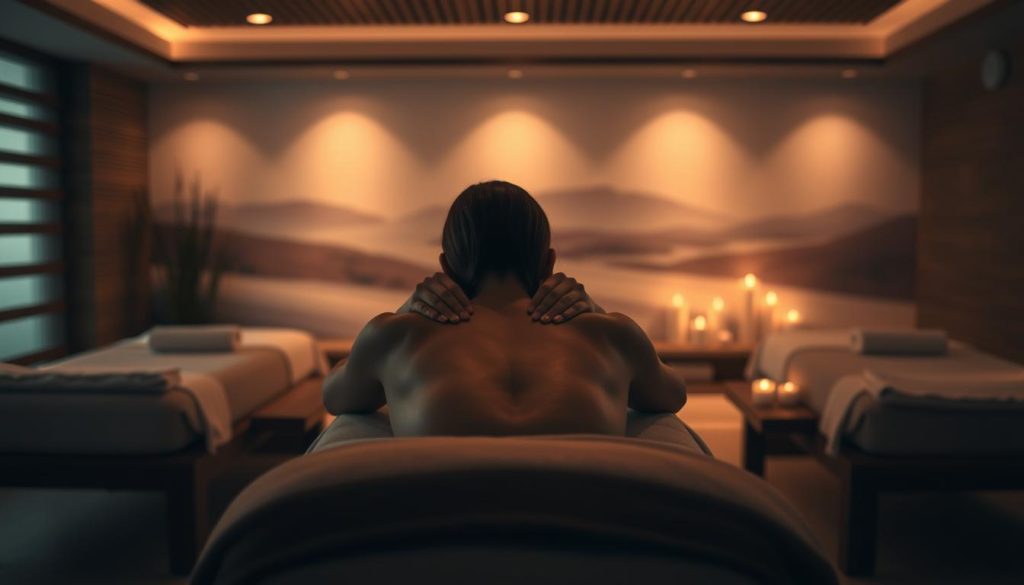 A dimly lit, serene massage studio with natural wooden accents and soft lighting. In the foreground, a masseuse's hands gently manipulate the back and shoulders of a relaxed client, using long, flowing strokes to alleviate tension. In the middle ground, plush massage tables are arranged, with soft, warm fabrics and soothing aromatherapy candles creating a tranquil atmosphere. The background features a calming, abstract landscape with soft, muted colors, evoking a sense of peacefulness and rest. The overall mood is one of deep relaxation, rejuvenation, and a heightened state of sleep quality. A dimly lit, serene massage studio with natural wooden accents and soft lighting. In the foreground, a masseuse's hands gently manipulate the back and shoulders of a relaxed client, using long, flowing strokes to alleviate tension. In the middle ground, plush massage tables are arranged, with soft, warm fabrics and soothing aromatherapy candles creating a tranquil atmosphere. The background features a calming, abstract landscape with soft, muted colors, evoking a sense of peacefulness and rest. The overall mood is one of deep relaxation, rejuvenation, and a heightened state of sleep quality.