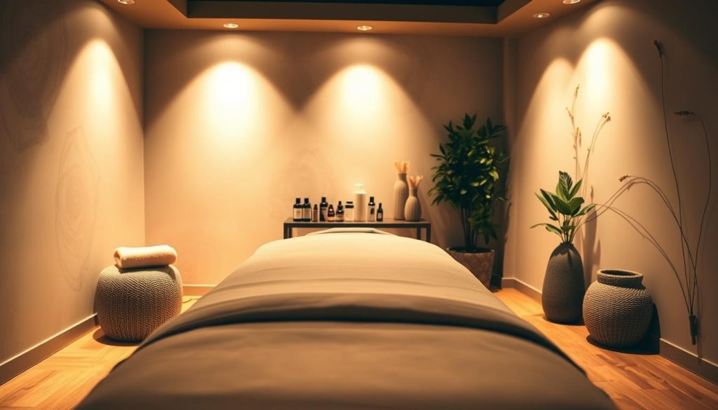 A dimly lit, serene massage studio with warm, earthy tones. In the foreground, a wooden massage table with plush, neutral-colored linens. Soft, diffused lighting illuminates the space, creating a calming atmosphere. In the middle ground, various massage tools and oils neatly arranged on a small side table, conveying professionalism and expertise. The background features subtle, abstract wall textures and soothing, nature-inspired decor, transporting the viewer to a peaceful, tranquil setting. The overall composition evokes a sense of relaxation, rejuvenation, and the expert application of both classic and medical massage techniques.