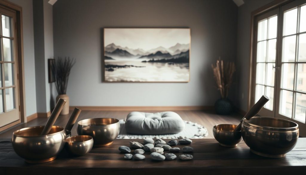A dimly lit, serene studio space with soft, natural lighting filtering through large windows. In the foreground, an array of Tibetan singing bowls, crystal singing bowls, and chimes are arranged on a wooden table, their metallic surfaces gleaming. In the middle ground, a plush meditation cushion sits on the floor, surrounded by a scattering of smooth river stones. The background features a soothing, abstract landscape painting in muted tones, evoking a sense of tranquility and inner calm. The overall atmosphere is one of introspection, relaxation, and the calming power of sound therapy. A dimly lit, serene studio space with soft, natural lighting filtering through large windows. In the foreground, an array of Tibetan singing bowls, crystal singing bowls, and chimes are arranged on a wooden table, their metallic surfaces gleaming. In the middle ground, a plush meditation cushion sits on the floor, surrounded by a scattering of smooth river stones. The background features a soothing, abstract landscape painting in muted tones, evoking a sense of tranquility and inner calm. The overall atmosphere is one of introspection, relaxation, and the calming power of sound therapy.