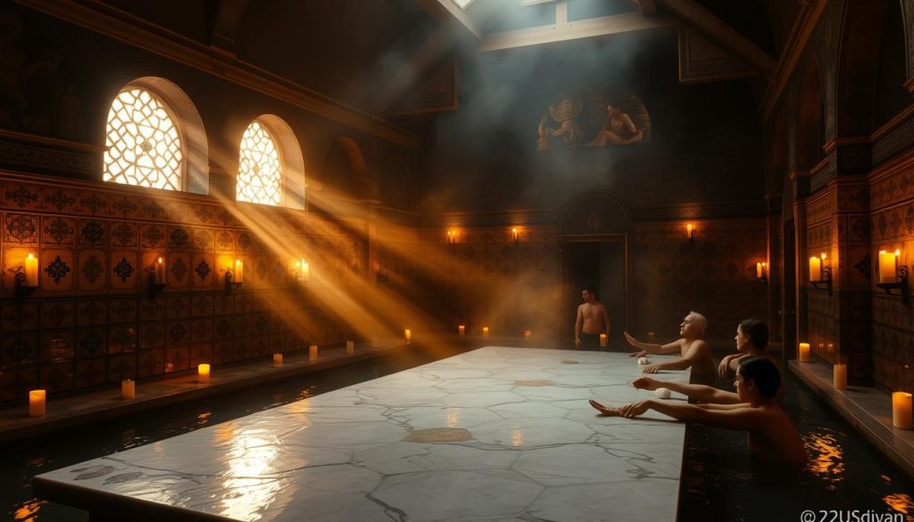 A dimly lit traditional Turkish bathhouse, the air thick with steam and the scent of aromatic oils. Ornate tile patterns line the walls, reflecting the flickering light of candles. In the center, a large heated marble slab, where bathers recline and attendants perform ancient cleansing rituals using soft scrubbing mitts and fragrant soaps. Shafts of golden sunlight pierce through the mist, illuminating the intricate architectural details. The atmosphere is one of tranquility and rejuvenation, a timeless oasis of relaxation and spiritual renewal. A dimly lit traditional Turkish bathhouse, the air thick with steam and the scent of aromatic oils. Ornate tile patterns line the walls, reflecting the flickering light of candles. In the center, a large heated marble slab, where bathers recline and attendants perform ancient cleansing rituals using soft scrubbing mitts and fragrant soaps. Shafts of golden sunlight pierce through the mist, illuminating the intricate architectural details. The atmosphere is one of tranquility and rejuvenation, a timeless oasis of relaxation and spiritual renewal.
