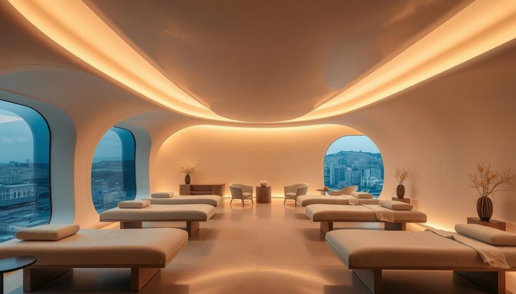 A futuristic, minimalist interior of a high-end Istanbul massage salon. The space is bathed in a warm, diffused glow, with sleek, curvilinear walls and ceilings that create a sense of tranquility and relaxation. Plush, ergonomic massage tables are arranged throughout, flanked by stylish, modern furniture and accents in muted tones. Soft, ambient lighting casts a soothing ambiance, while large, floor-to-ceiling windows offer glimpses of the bustling city outside, creating a harmonious contrast between the serene indoor space and the dynamic urban environment. The overall atmosphere evokes a blend of luxury, innovation, and a heightened awareness of personal wellbeing.
