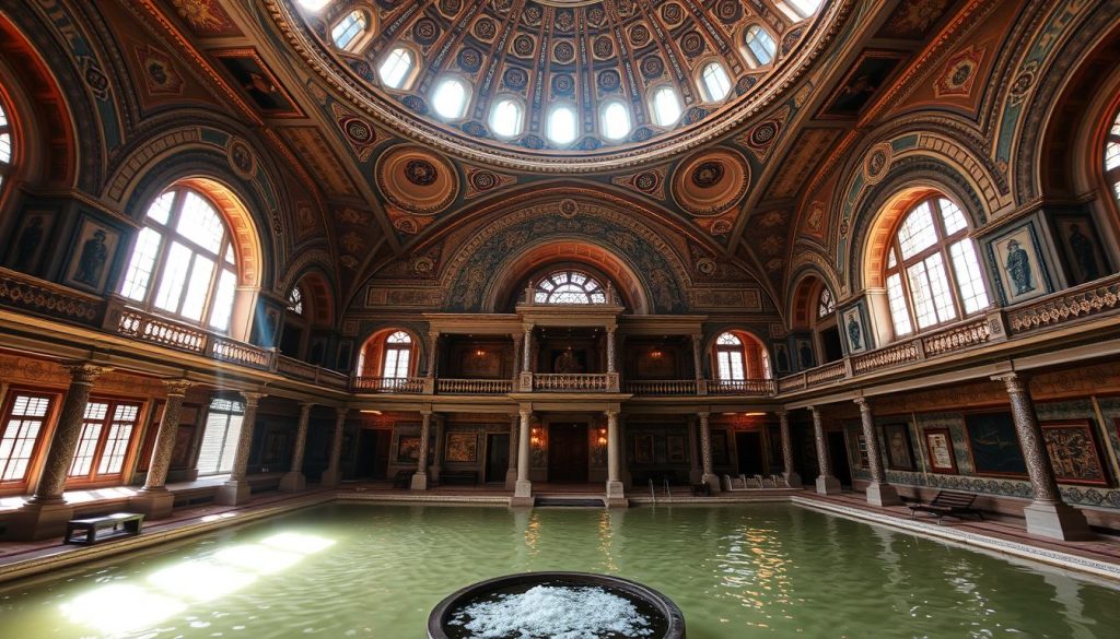 A grand and ornate Ottoman-era bathhouse, Cağaloğlu Hamamı, stands majestically in 1741, its domed ceilings and intricate tilework shimmering in the warm natural light that pours through the high windows. The interior is a serene, tranquil oasis, with elaborately decorated alcoves and warm, soothing pools where patrons can relax and unwind. The scene exudes a timeless, historic atmosphere, transporting the viewer to the grandeur of Istanbul's renowned hamam culture of the past.